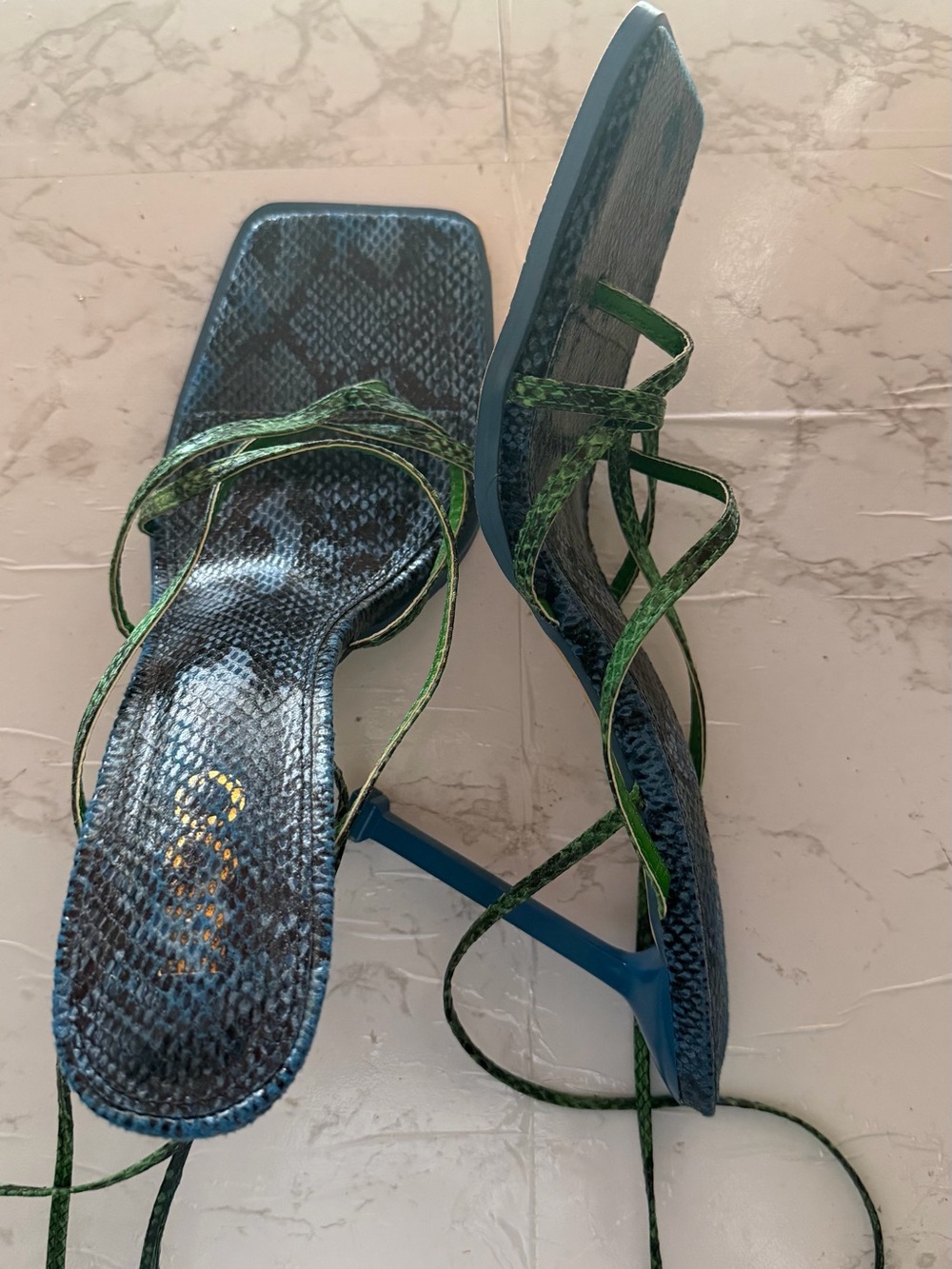 EGO Green Strappy Snake-Print Lace-Up Heels